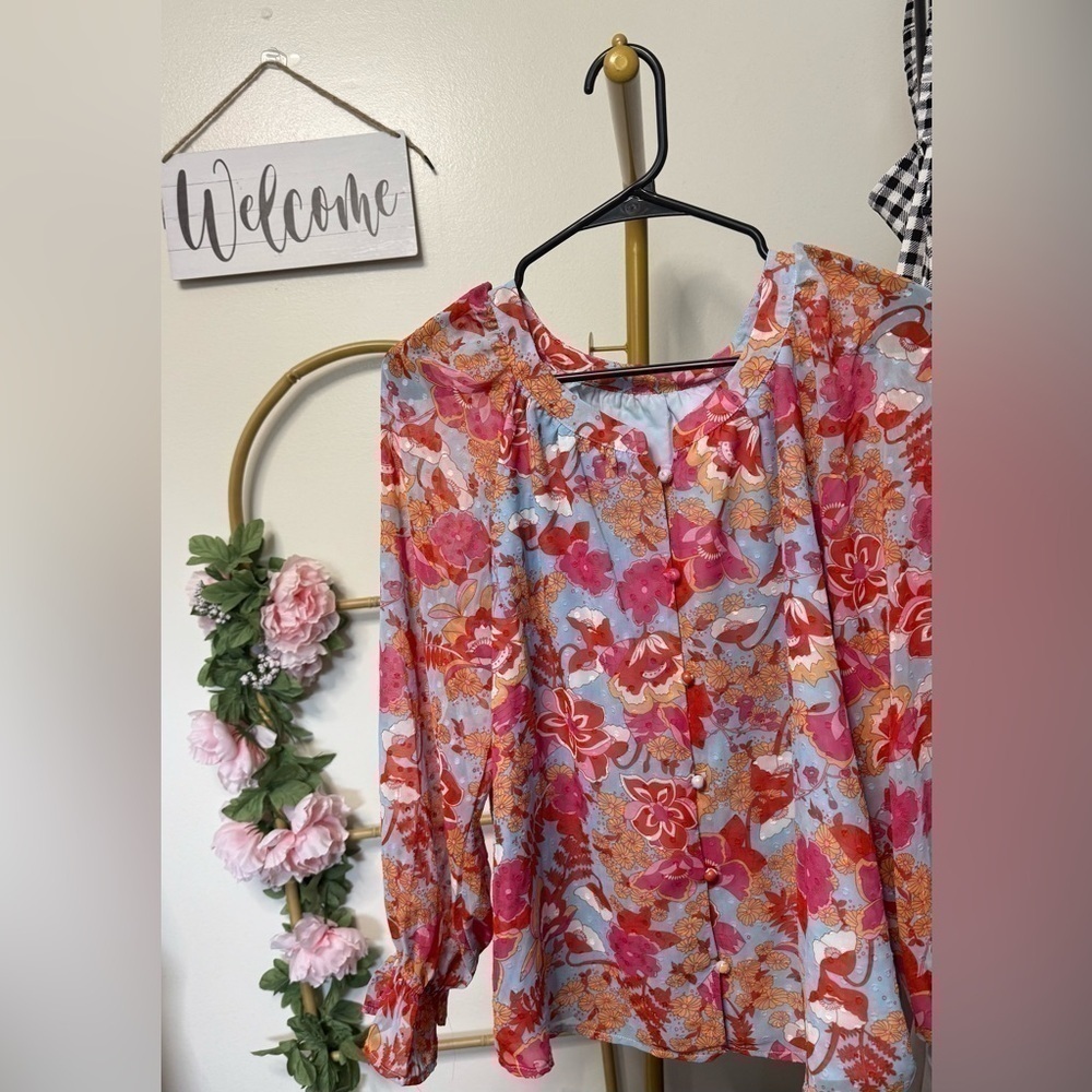 Dressy Casual Button Down Blouse Floral Peasant Tops Lantern Ruffle Long Sleeve - Picture 4 of 4